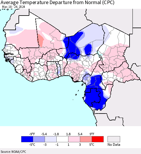 Western Africa Average Temperature Departure from Normal (CPC) Thematic Map For 3/18/2024 - 3/24/2024
