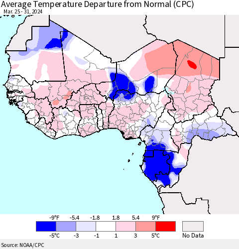 Western Africa Average Temperature Departure from Normal (CPC) Thematic Map For 3/25/2024 - 3/31/2024