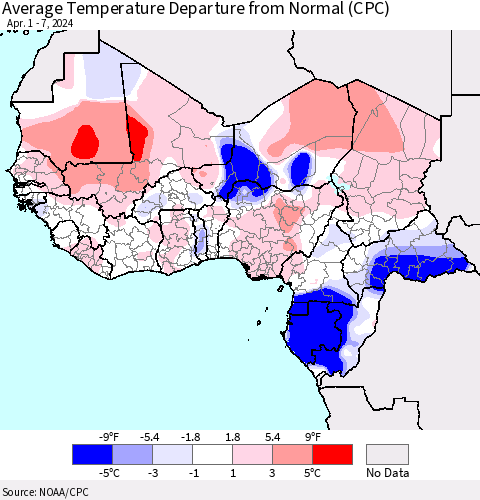 Western Africa Average Temperature Departure from Normal (CPC) Thematic Map For 4/1/2024 - 4/7/2024