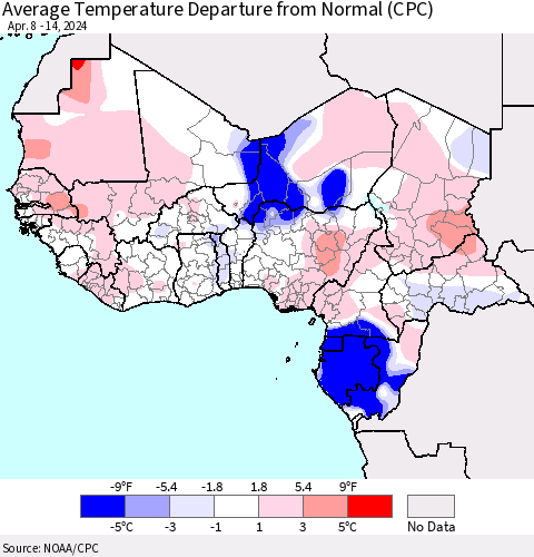 Western Africa Average Temperature Departure from Normal (CPC) Thematic Map For 4/8/2024 - 4/14/2024