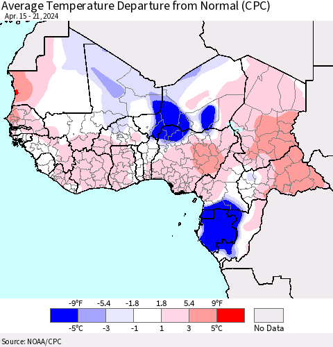 Western Africa Average Temperature Departure from Normal (CPC) Thematic Map For 4/15/2024 - 4/21/2024