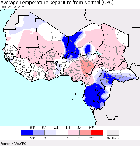 Western Africa Average Temperature Departure from Normal (CPC) Thematic Map For 4/22/2024 - 4/28/2024
