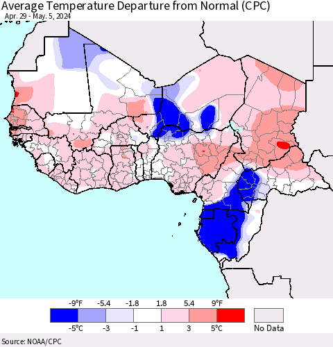 Western Africa Average Temperature Departure from Normal (CPC) Thematic Map For 4/29/2024 - 5/5/2024
