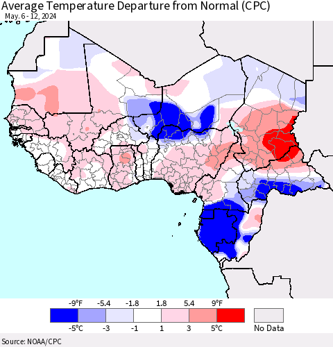 Western Africa Average Temperature Departure from Normal (CPC) Thematic Map For 5/6/2024 - 5/12/2024
