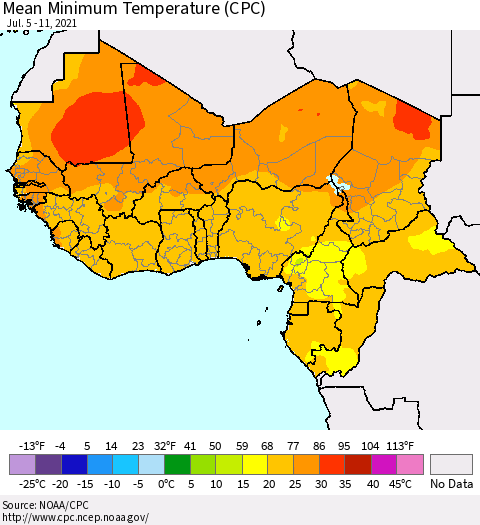 Western Africa Mean Minimum Temperature (CPC) Thematic Map For 7/5/2021 - 7/11/2021