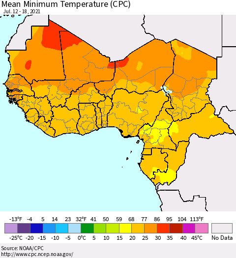 Western Africa Mean Minimum Temperature (CPC) Thematic Map For 7/12/2021 - 7/18/2021