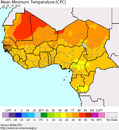 Western Africa Mean Minimum Temperature (CPC) Thematic Map For 7/19/2021 - 7/25/2021