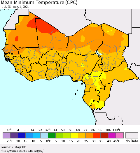 Western Africa Mean Minimum Temperature (CPC) Thematic Map For 7/26/2021 - 8/1/2021