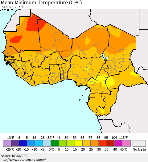 Western Africa Mean Minimum Temperature (CPC) Thematic Map For 9/6/2021 - 9/12/2021