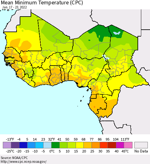 Western Africa Mean Minimum Temperature (CPC) Thematic Map For 1/17/2022 - 1/23/2022