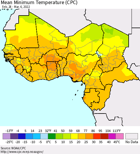 Western Africa Mean Minimum Temperature (CPC) Thematic Map For 2/28/2022 - 3/6/2022
