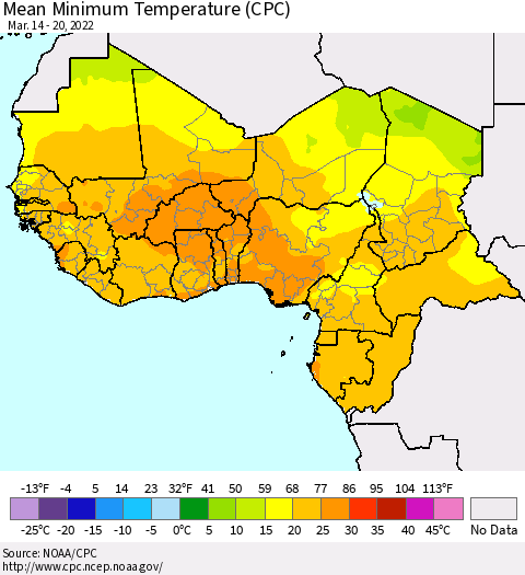 Western Africa Mean Minimum Temperature (CPC) Thematic Map For 3/14/2022 - 3/20/2022