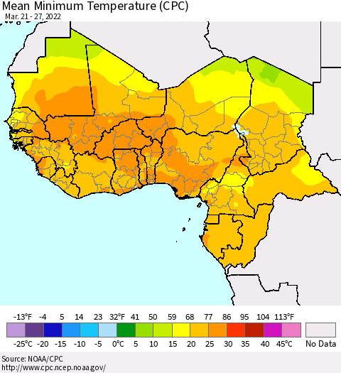 Western Africa Mean Minimum Temperature (CPC) Thematic Map For 3/21/2022 - 3/27/2022