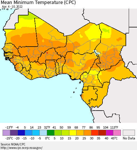 Western Africa Mean Minimum Temperature (CPC) Thematic Map For 4/4/2022 - 4/10/2022
