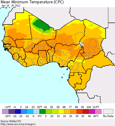 Western Africa Mean Minimum Temperature (CPC) Thematic Map For 4/18/2022 - 4/24/2022