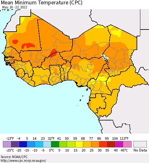 Western Africa Mean Minimum Temperature (CPC) Thematic Map For 5/16/2022 - 5/22/2022