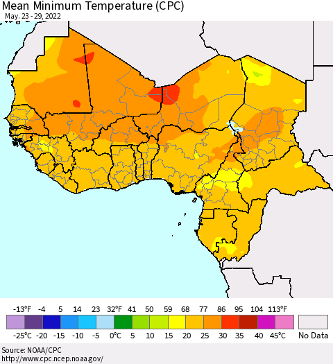 Western Africa Mean Minimum Temperature (CPC) Thematic Map For 5/23/2022 - 5/29/2022