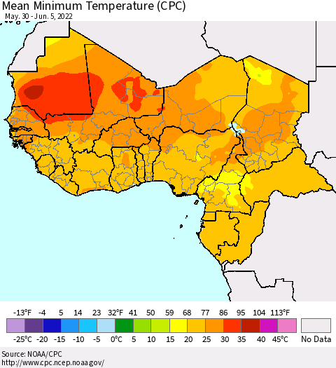 Western Africa Mean Minimum Temperature (CPC) Thematic Map For 5/30/2022 - 6/5/2022