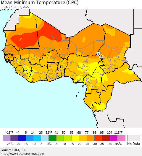 Western Africa Mean Minimum Temperature (CPC) Thematic Map For 6/27/2022 - 7/3/2022