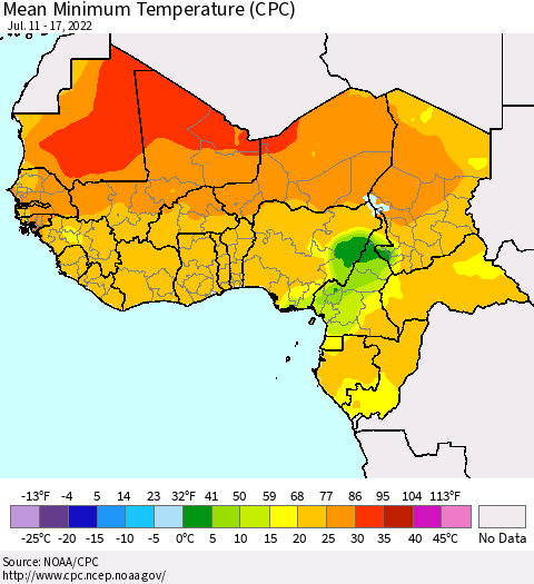 Western Africa Mean Minimum Temperature (CPC) Thematic Map For 7/11/2022 - 7/17/2022