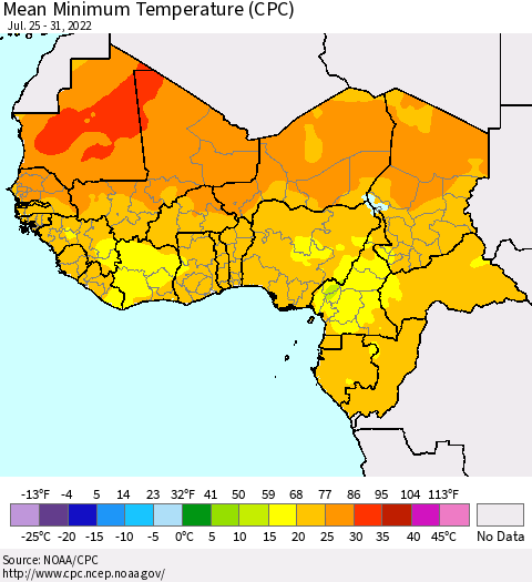 Western Africa Mean Minimum Temperature (CPC) Thematic Map For 7/25/2022 - 7/31/2022