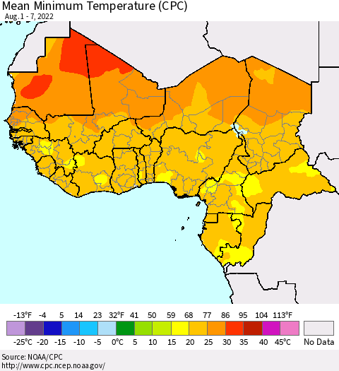 Western Africa Mean Minimum Temperature (CPC) Thematic Map For 8/1/2022 - 8/7/2022