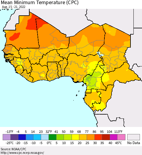 Western Africa Mean Minimum Temperature (CPC) Thematic Map For 8/15/2022 - 8/21/2022