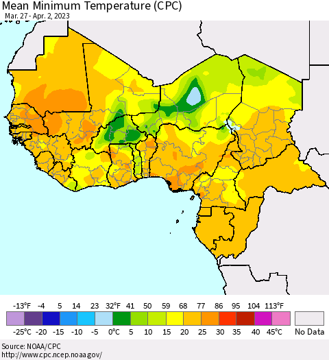 Western Africa Mean Minimum Temperature (CPC) Thematic Map For 3/27/2023 - 4/2/2023