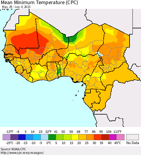 Western Africa Mean Minimum Temperature (CPC) Thematic Map For 5/29/2023 - 6/4/2023