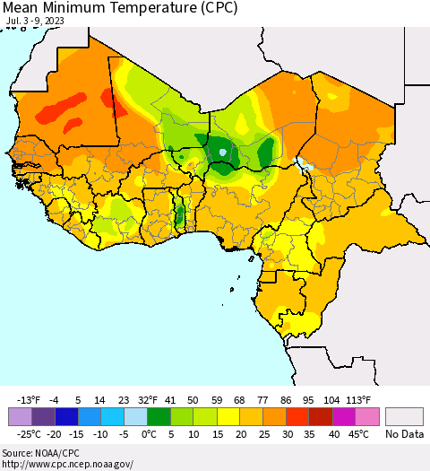 Western Africa Mean Minimum Temperature (CPC) Thematic Map For 7/3/2023 - 7/9/2023