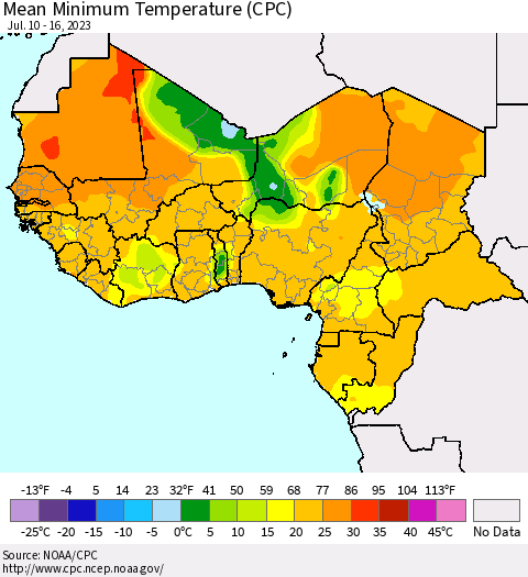 Western Africa Mean Minimum Temperature (CPC) Thematic Map For 7/10/2023 - 7/16/2023