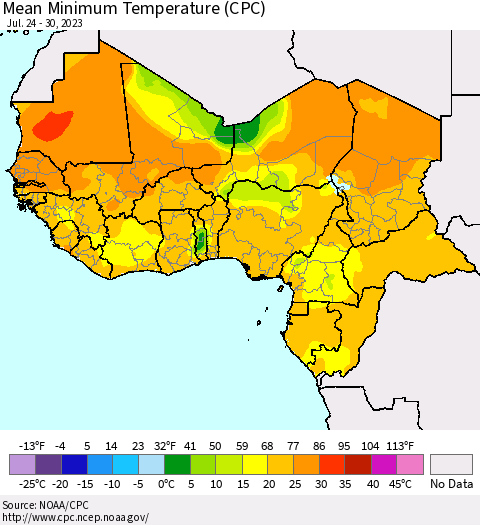Western Africa Mean Minimum Temperature (CPC) Thematic Map For 7/24/2023 - 7/30/2023