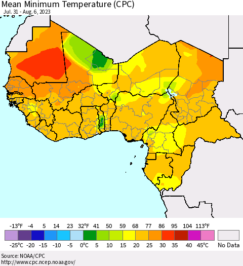 Western Africa Mean Minimum Temperature (CPC) Thematic Map For 7/31/2023 - 8/6/2023