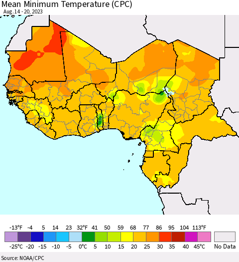 Western Africa Mean Minimum Temperature (CPC) Thematic Map For 8/14/2023 - 8/20/2023