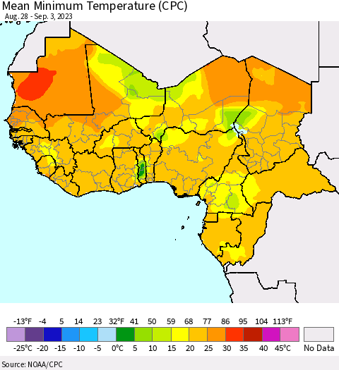 Western Africa Mean Minimum Temperature (CPC) Thematic Map For 8/28/2023 - 9/3/2023