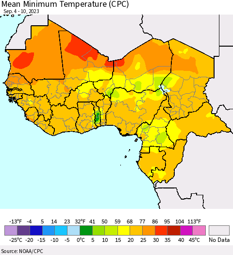 Western Africa Mean Minimum Temperature (CPC) Thematic Map For 9/4/2023 - 9/10/2023