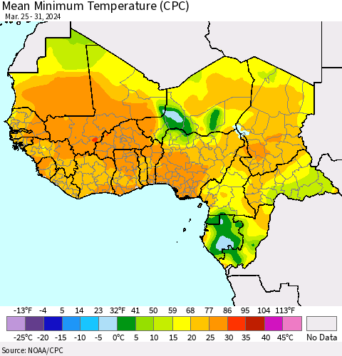 Western Africa Mean Minimum Temperature (CPC) Thematic Map For 3/25/2024 - 3/31/2024