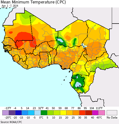 Western Africa Mean Minimum Temperature (CPC) Thematic Map For 4/1/2024 - 4/7/2024