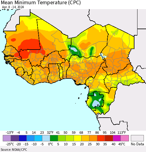 Western Africa Mean Minimum Temperature (CPC) Thematic Map For 4/8/2024 - 4/14/2024