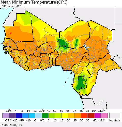 Western Africa Mean Minimum Temperature (CPC) Thematic Map For 4/15/2024 - 4/21/2024