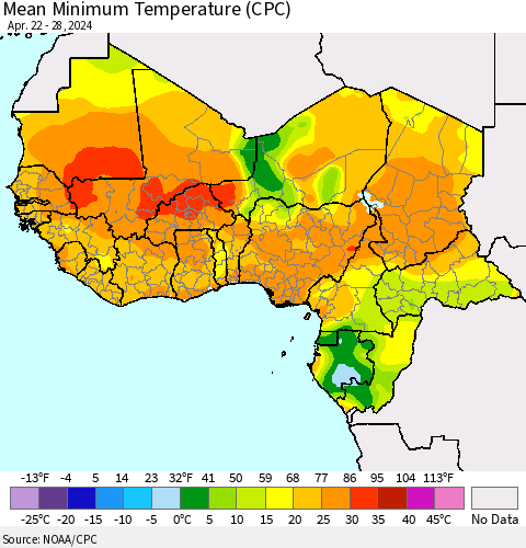 Western Africa Mean Minimum Temperature (CPC) Thematic Map For 4/22/2024 - 4/28/2024