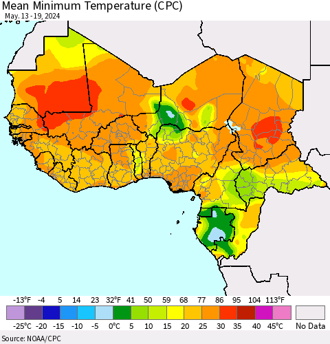 Western Africa Mean Minimum Temperature (CPC) Thematic Map For 5/13/2024 - 5/19/2024