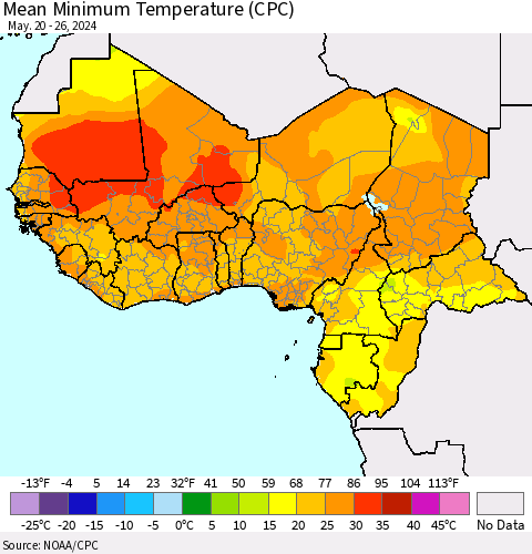 Western Africa Mean Minimum Temperature (CPC) Thematic Map For 5/20/2024 - 5/26/2024