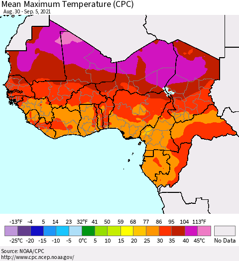Western Africa Mean Maximum Temperature (CPC) Thematic Map For 8/30/2021 - 9/5/2021