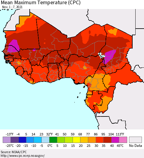 Western Africa Mean Maximum Temperature (CPC) Thematic Map For 11/1/2021 - 11/7/2021