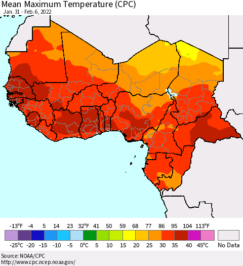 Western Africa Mean Maximum Temperature (CPC) Thematic Map For 1/31/2022 - 2/6/2022