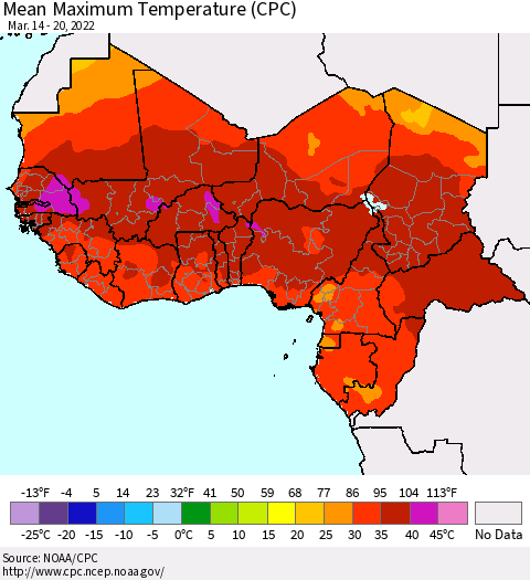 Western Africa Mean Maximum Temperature (CPC) Thematic Map For 3/14/2022 - 3/20/2022