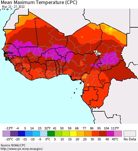 Western Africa Mean Maximum Temperature (CPC) Thematic Map For 3/21/2022 - 3/27/2022