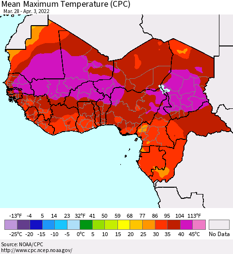 Western Africa Mean Maximum Temperature (CPC) Thematic Map For 3/28/2022 - 4/3/2022