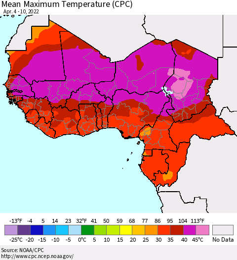 Western Africa Mean Maximum Temperature (CPC) Thematic Map For 4/4/2022 - 4/10/2022